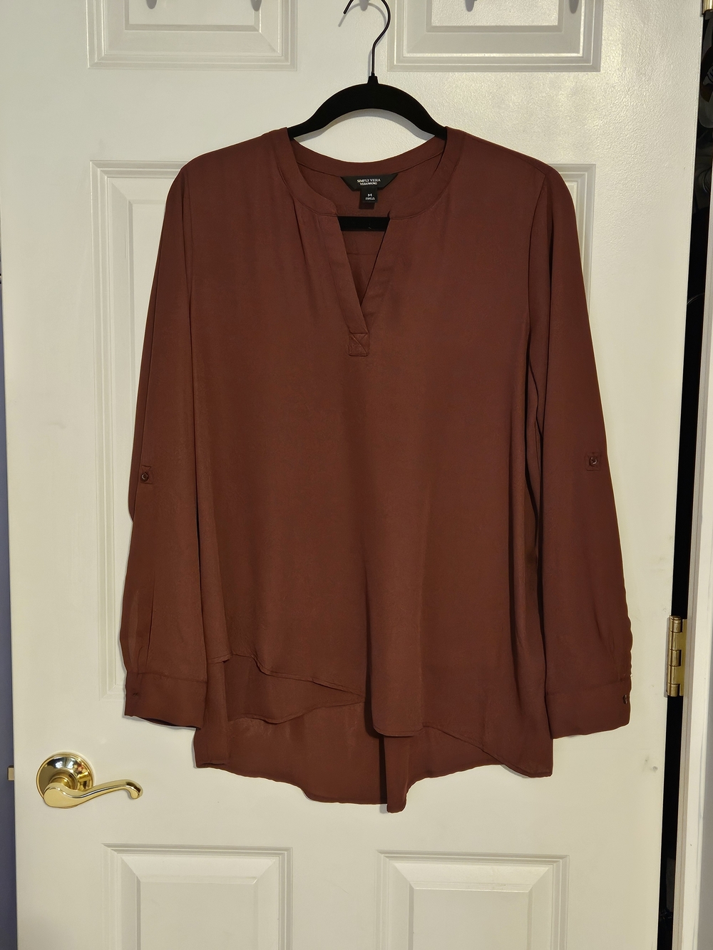 Women’s Simply Vera Long Sleeve Split-Neck Blouse - Rust Brown, Size M